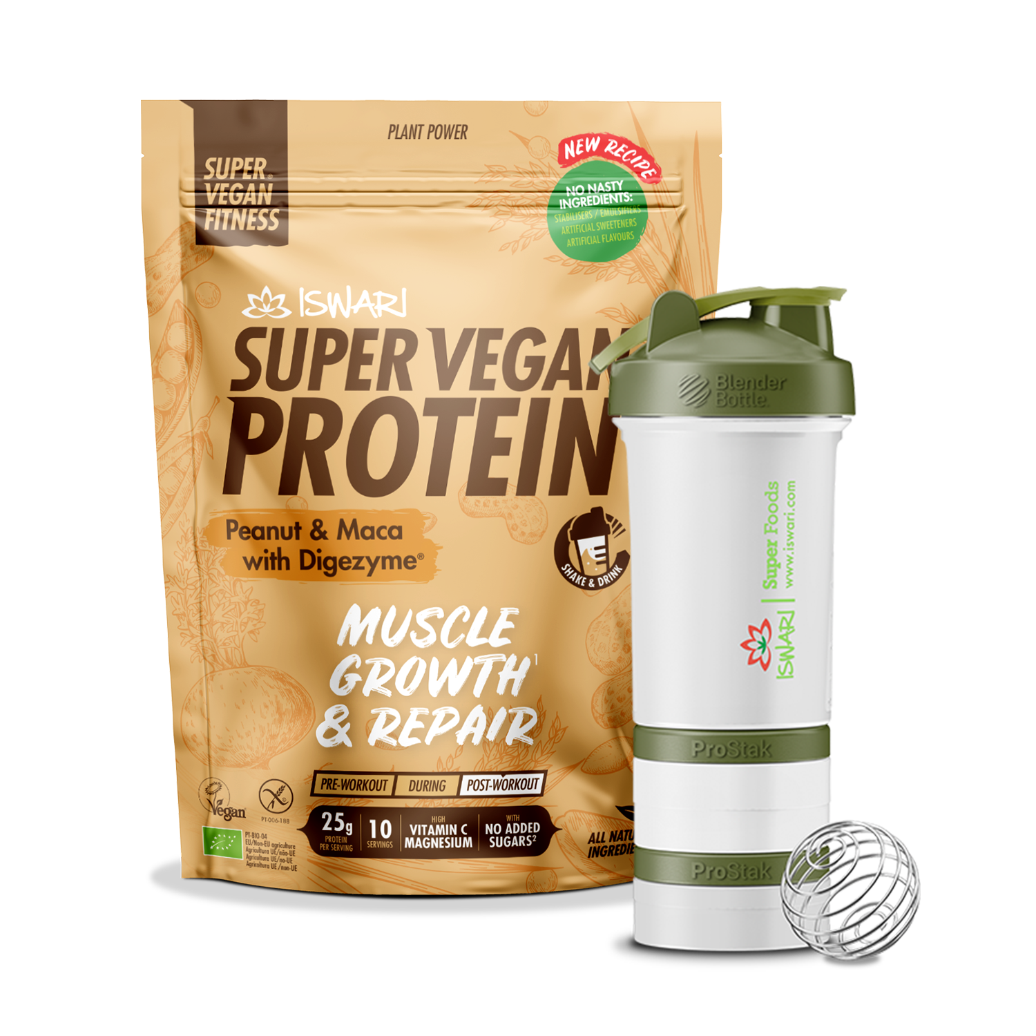 Iswari Bundle - Super Vegan Protein Muscle Growth Peanut Maca & Bottle/Shaker